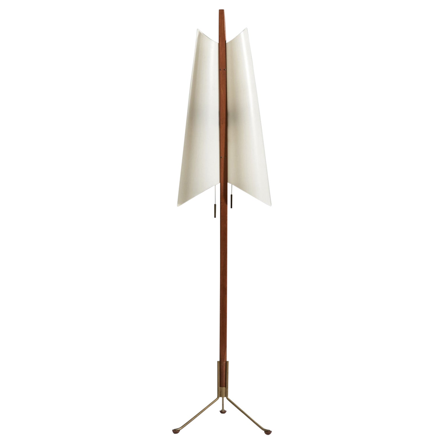 Créateur américain, lampadaire, teck, laiton, acrylique, États-Unis, années 1950