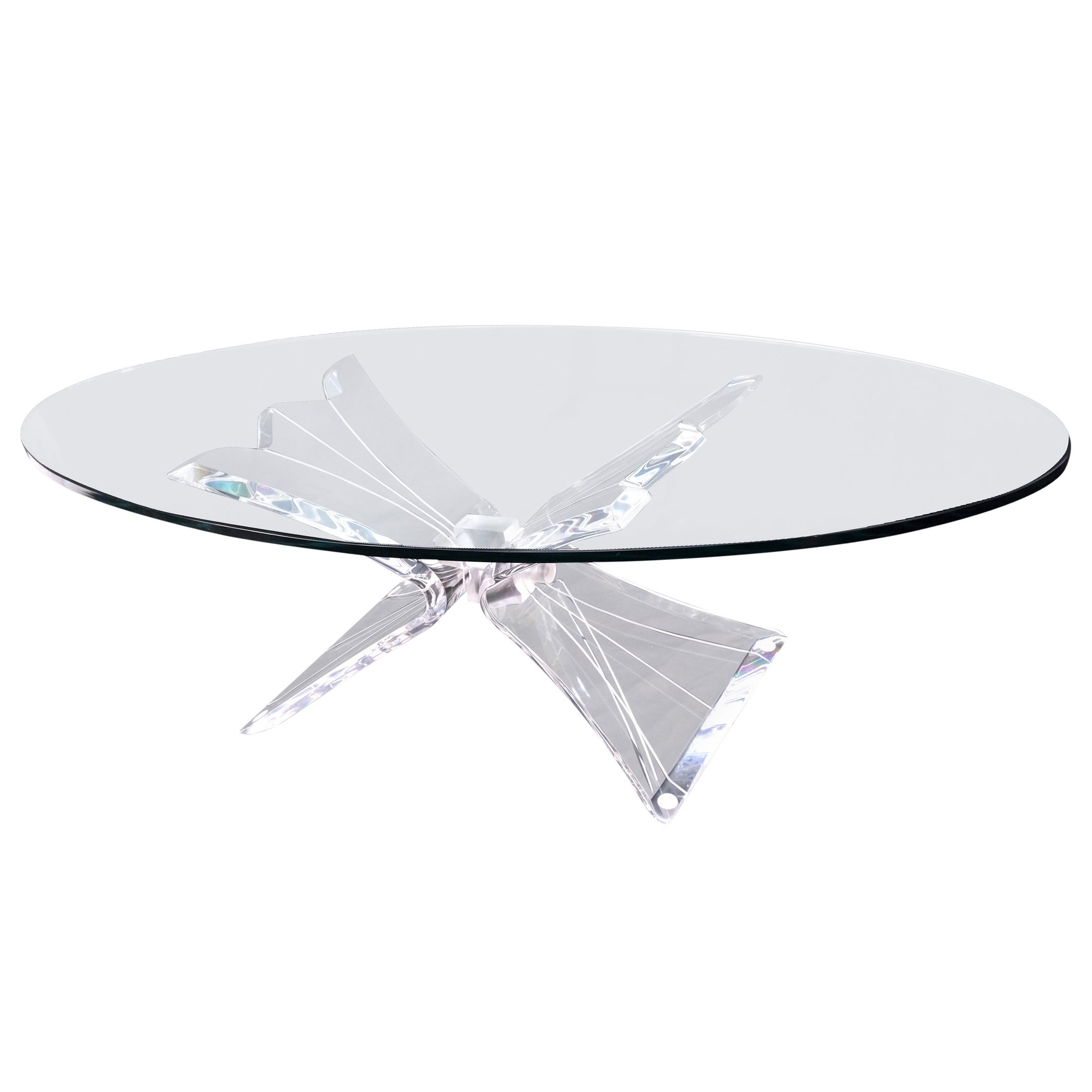 Lucite Bow Tie Butterfly Wing Shape Base Oval Glass Top Mid Century Coffee Table