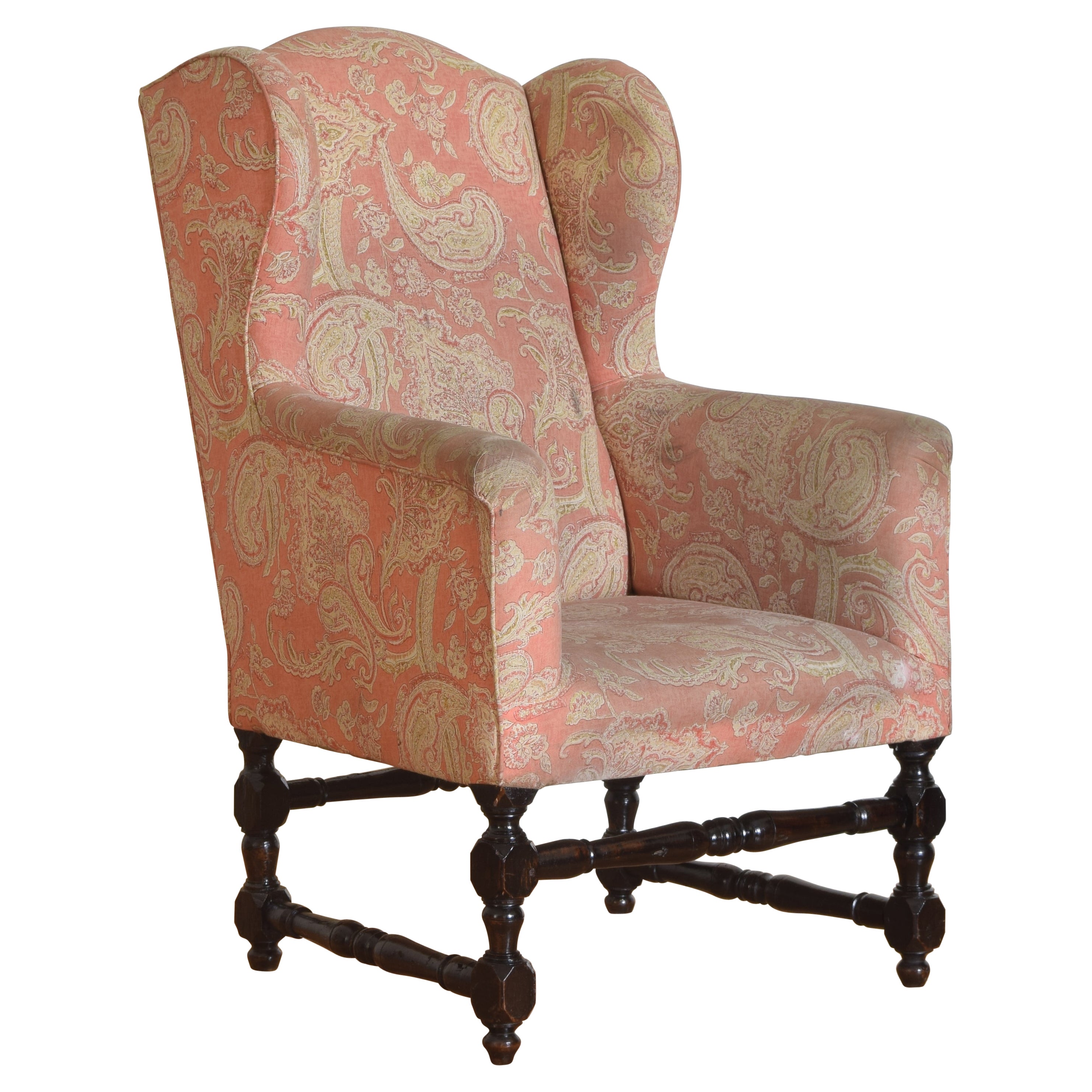 Pair of Italian Queen Anne Style Walnut and Leather Upholstered Wing