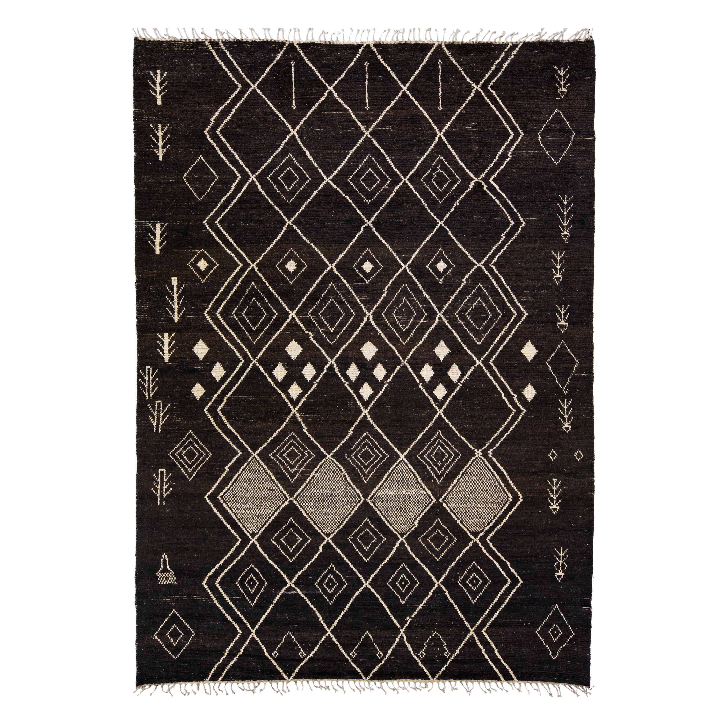 Modern Moroccan Style Handmade Brown Tribal Wool Rug For Sale