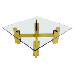 Used Heavy Polished Brass x Base Thick Glass Square Coffee Table Nice!