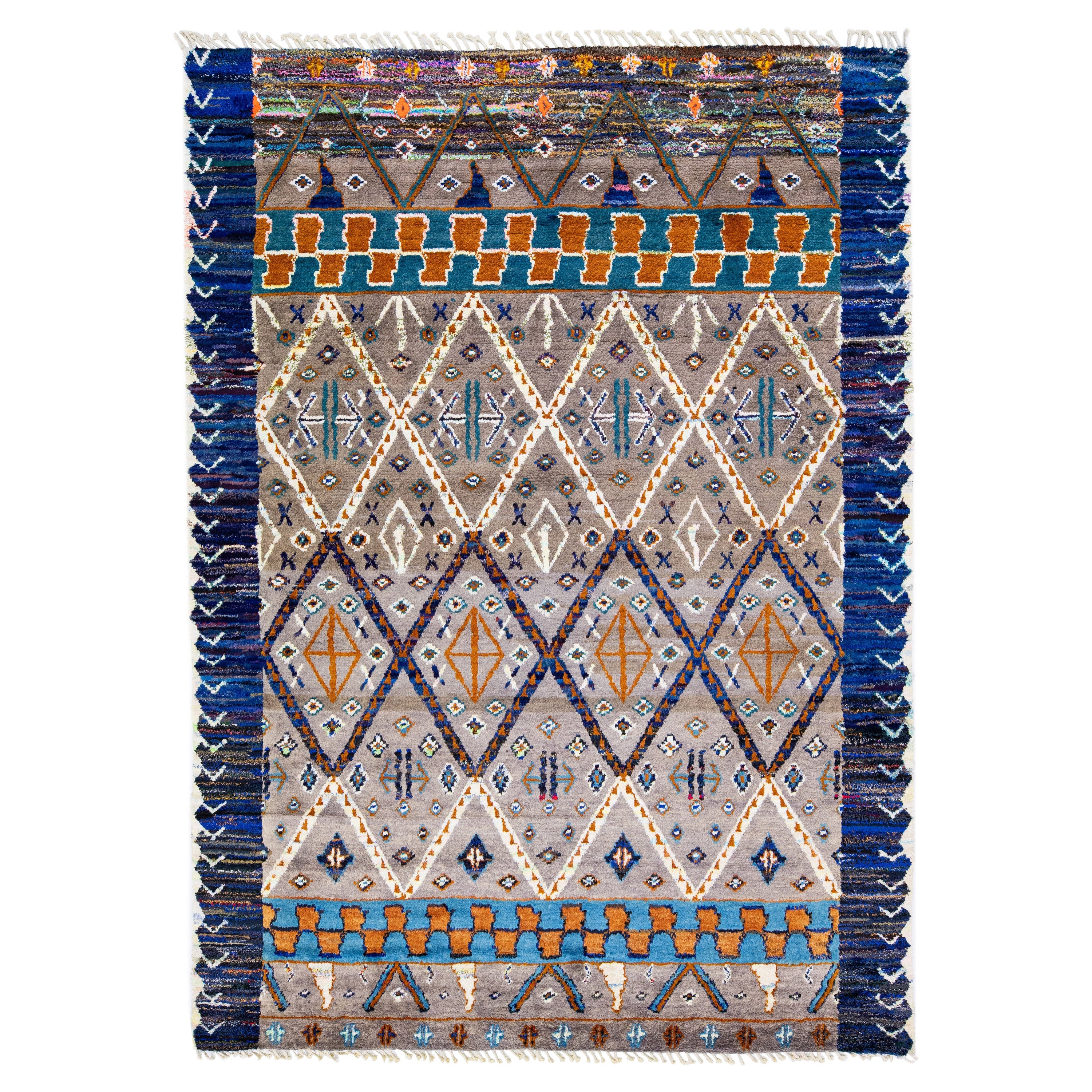 Modern Moroccan Style Handmade Multicolor Wool Rug with Tribal Motif