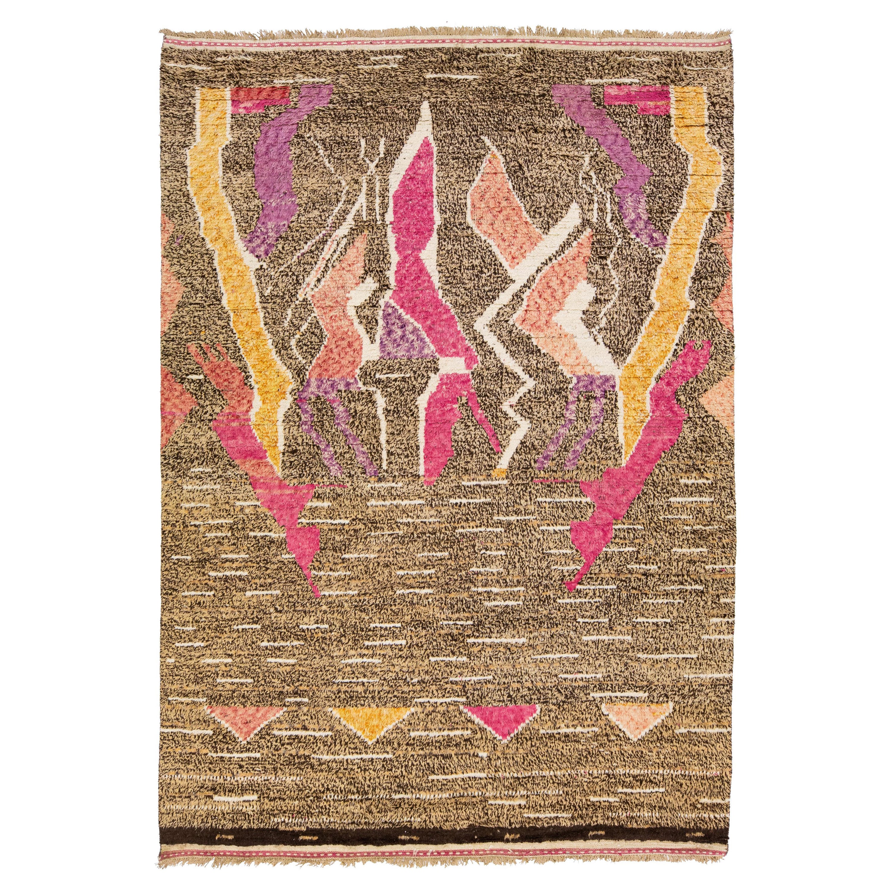 Modern Moroccan Style Tan Handmade Wool Rug With Multicolor Abstract Design For Sale
