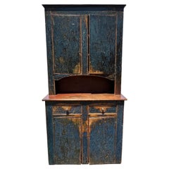 Antique 19th Century Pine Two-Part Step Back Cupboard in Original Dark Blue Paint