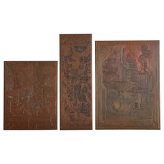 Set of 3 Vintage Etched Copper Panels, Italy 20th Century
