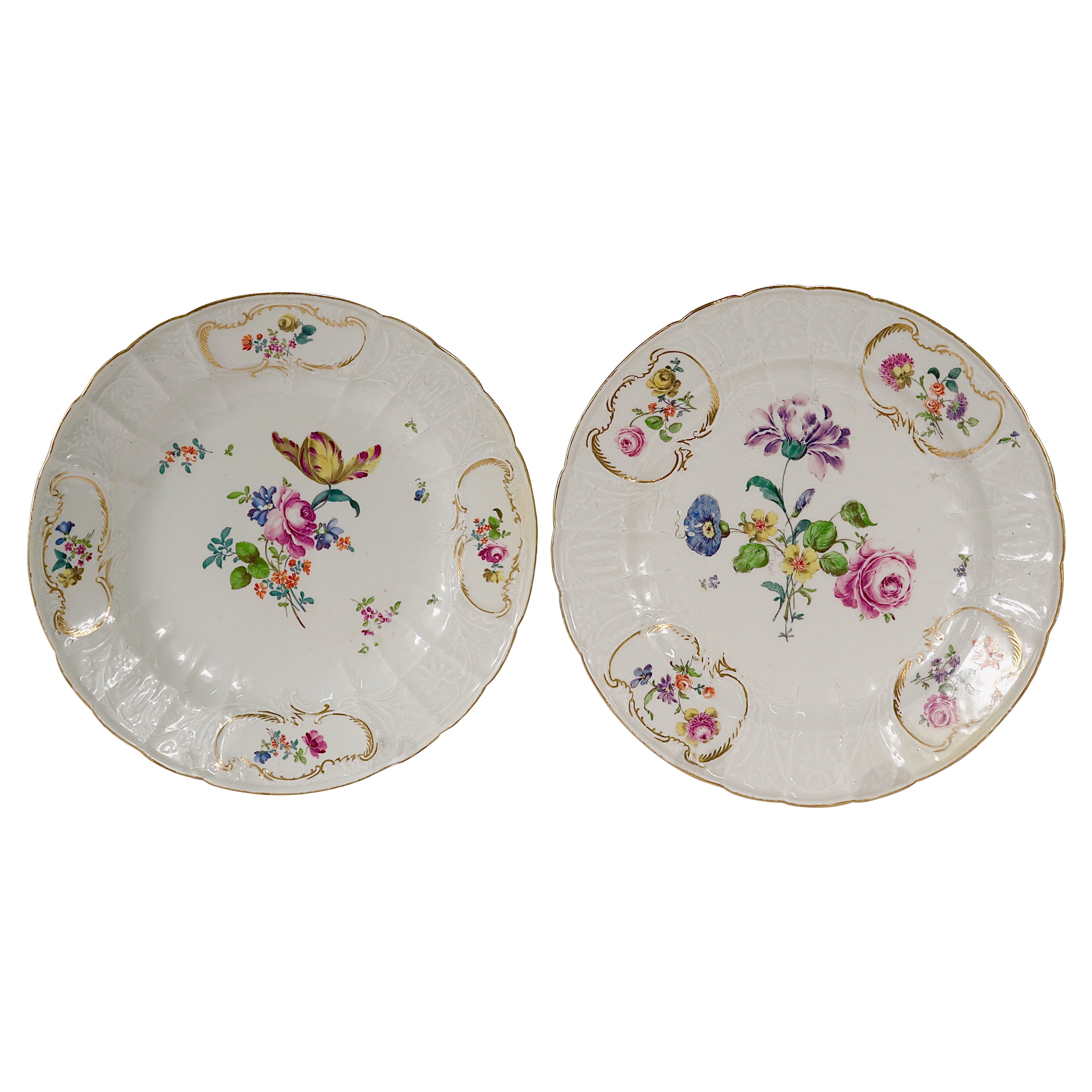 Pair Antique 18th C. Meissen Porcelain Dulong Variant Molded Plates with Flowers For Sale