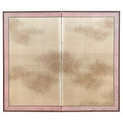 Japanese Vintage Misty Clouds Hand Painted 2 Panel Screen