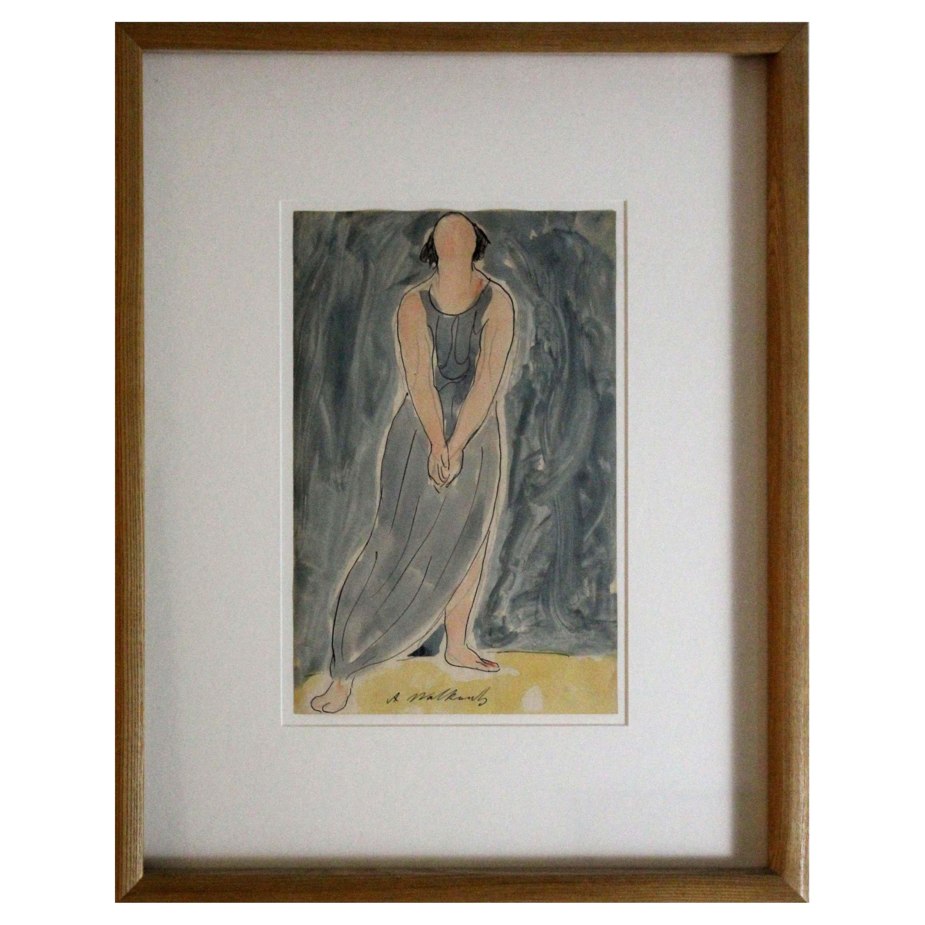 Abraham Walkowitz Blue Dress Signed Contemporary Large Ink & Watercolor Framed