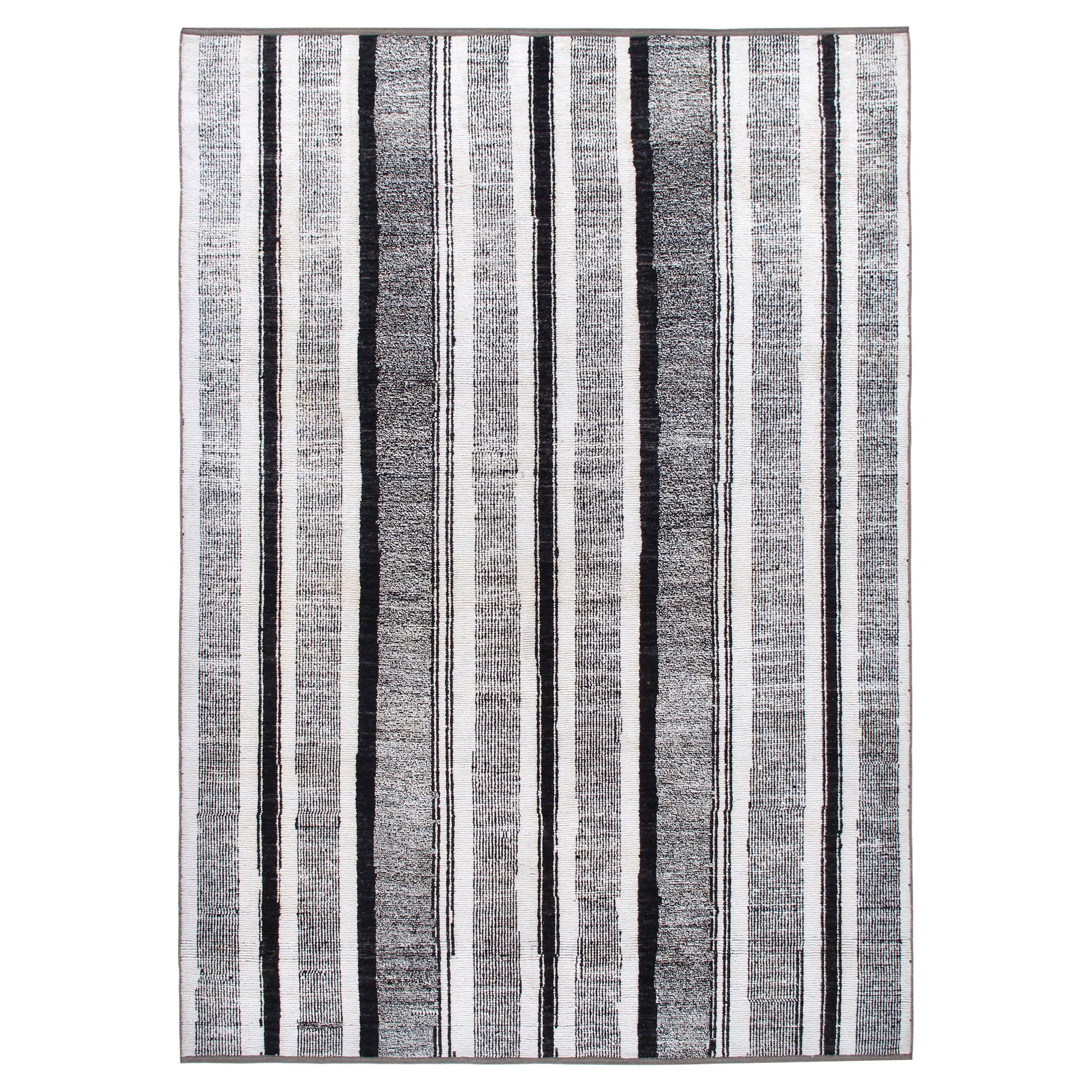 Modern Minimalist Black and White Stripe Handknotted Rug For Sale