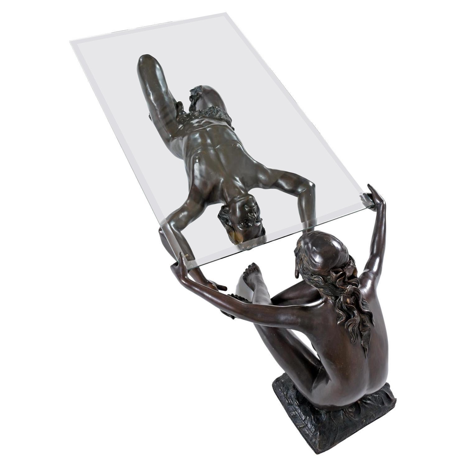 Table basse sculptée en bronze Art Nouveau avec plateau en verre par Conndray