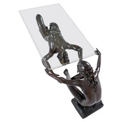 Bronzefigurale Jugendstil-Skulptur-Couchtisch mit Glasplatte aus Bronze von C. Conndray