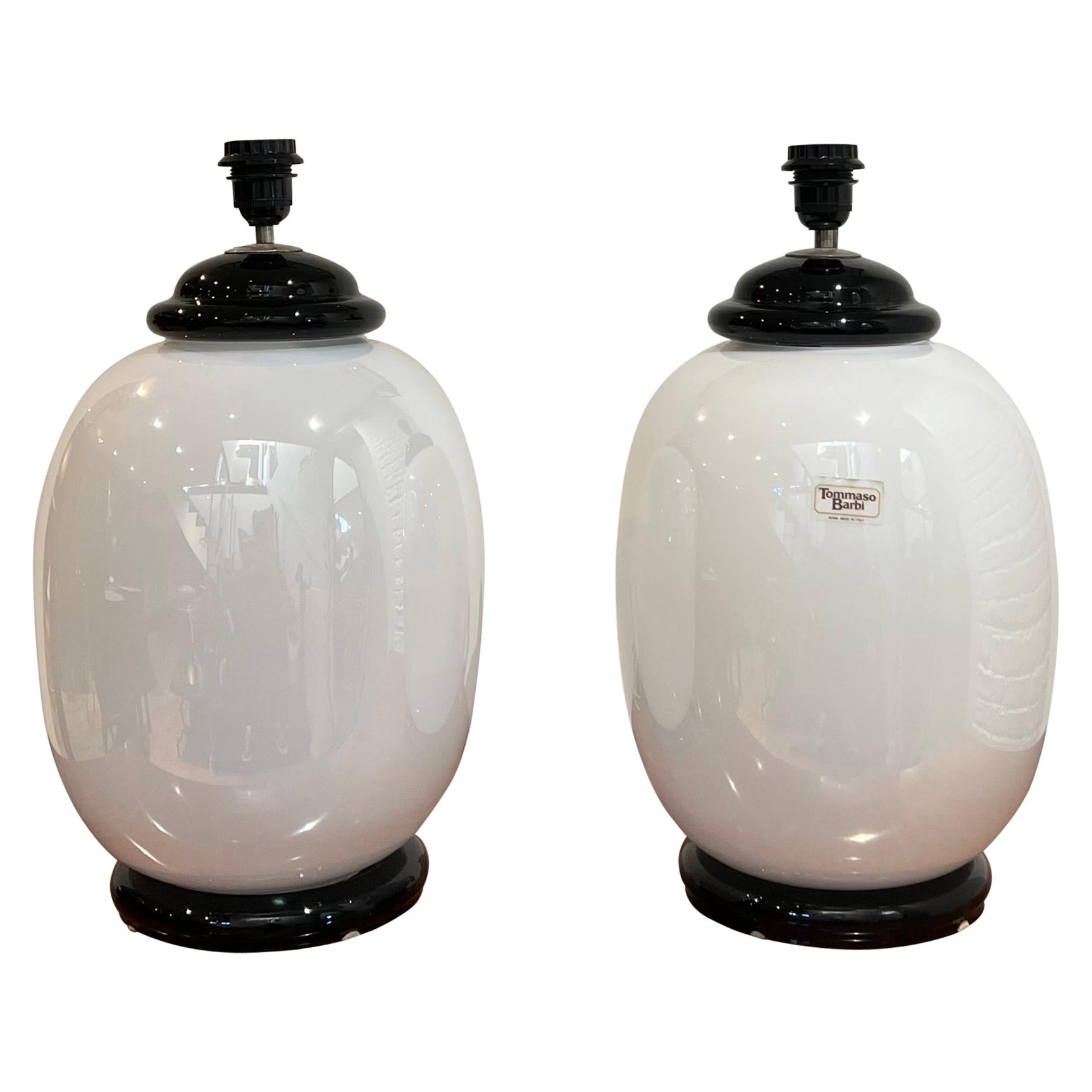 Pair Tomasso barbi white opaline murano glass table lamps 