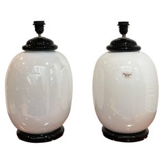 Pair Tomasso barbi white opaline murano glass table lamps 