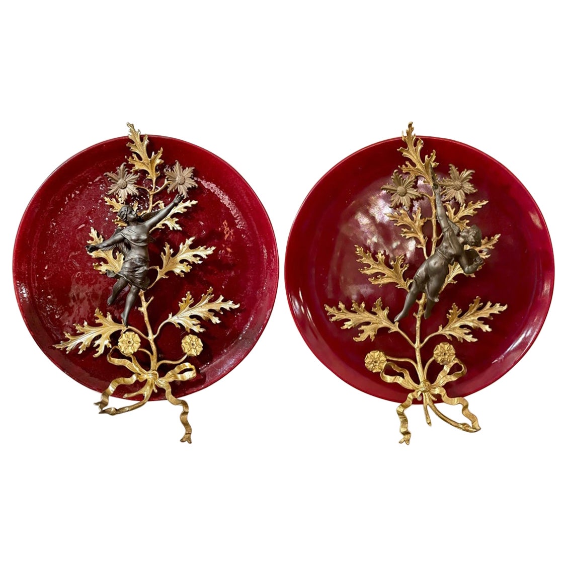 Pair Antique French Faience Red Porcelain, Bronze & Ormolu Plates, Circa 1890's For Sale