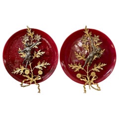 Pair Antique French Faience Red Porcelain, Bronze & Ormolu Plates, Circa 1890's