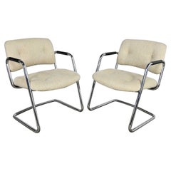 Pair Modern Chrome Cantilever Chairs Oatmeal Hopsacking Steelcase Model 421 482
