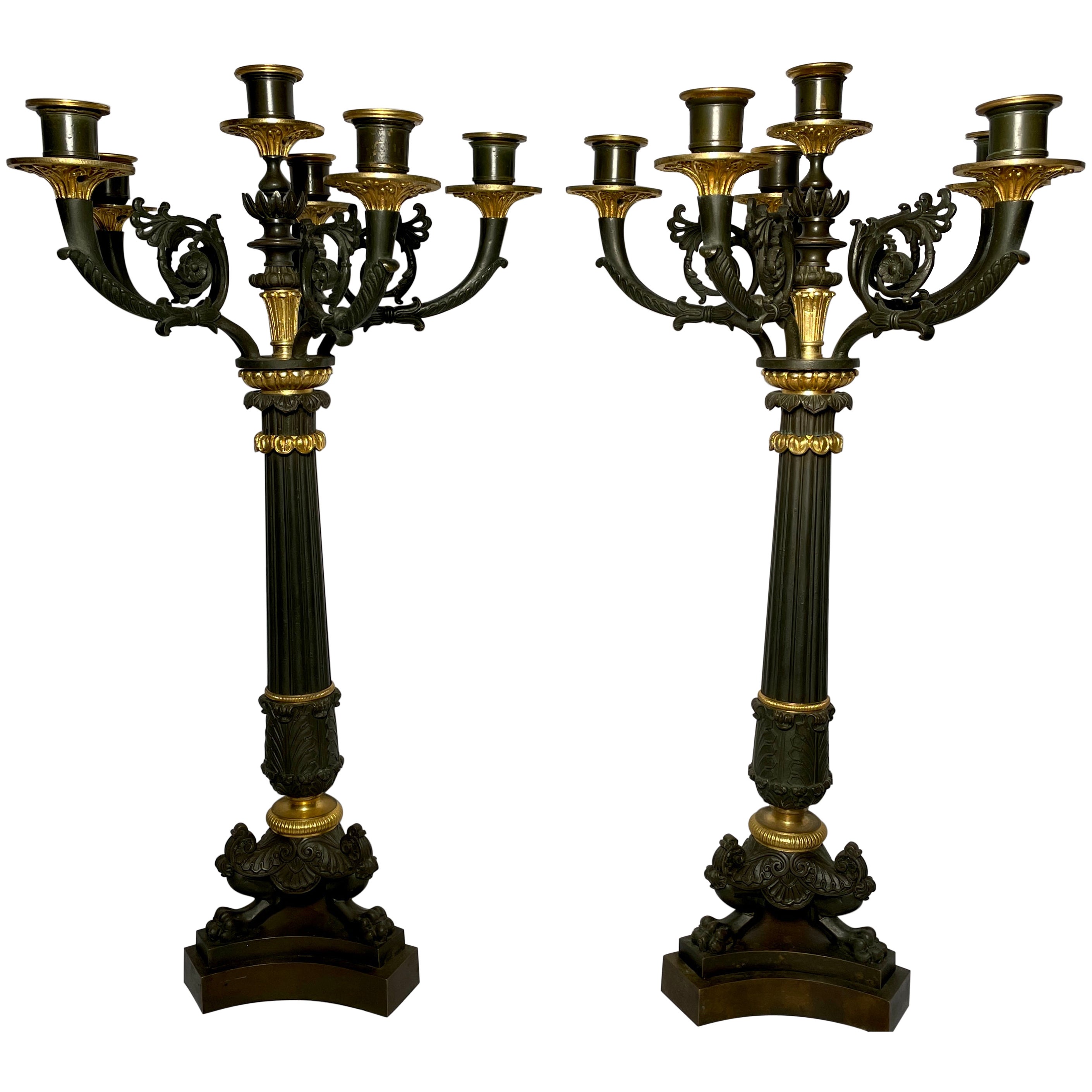 Pair Antique French Charles X Gold Bronze & Patinated Bronze Candelabra, Ca 1880 For Sale