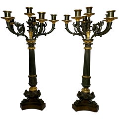 Pair Antique French Charles X Gold Bronze & Patinated Bronze Candelabra, Ca 1880