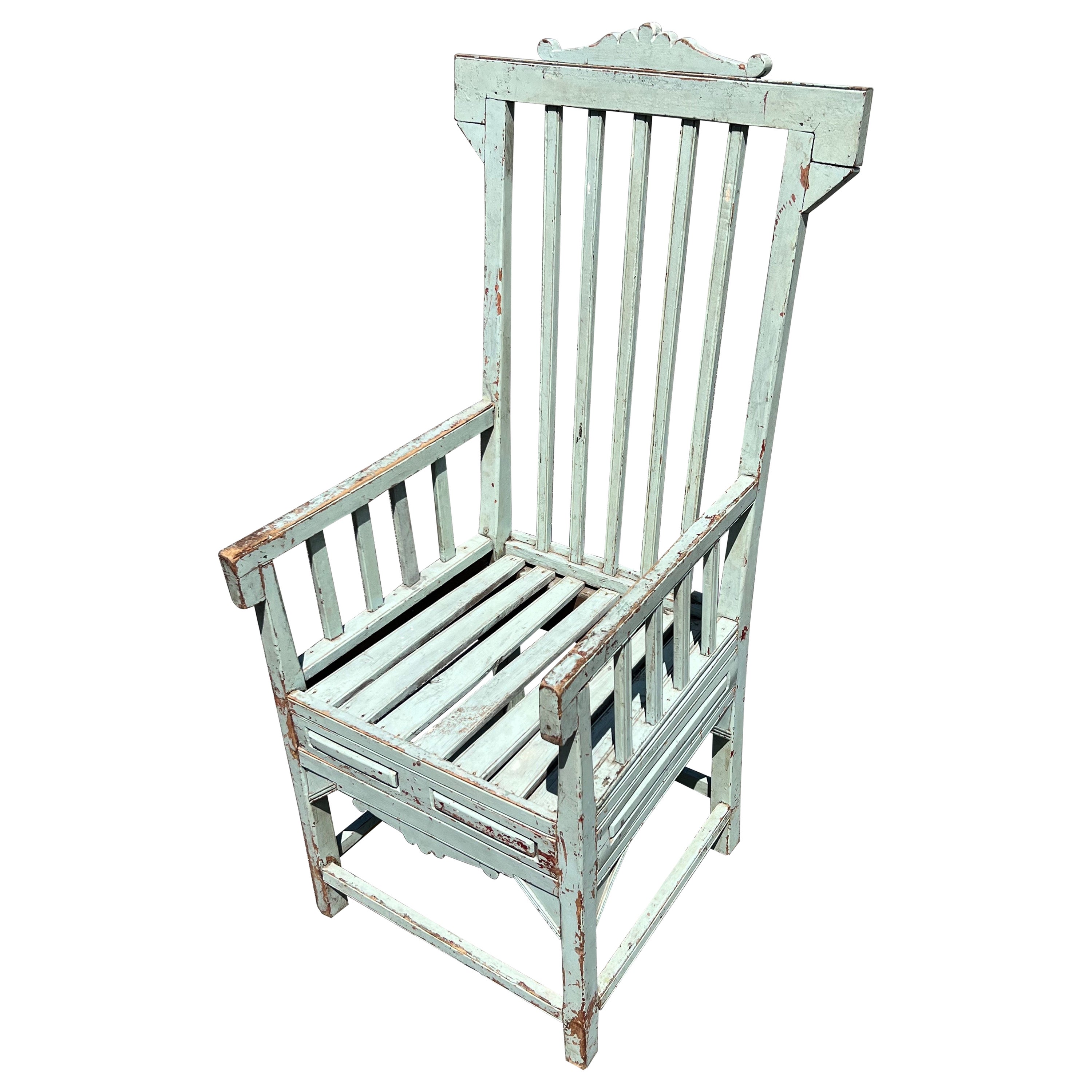 Turn of the Century Slatted Eastlake Style Armchair in Blue-Green Paint For Sale