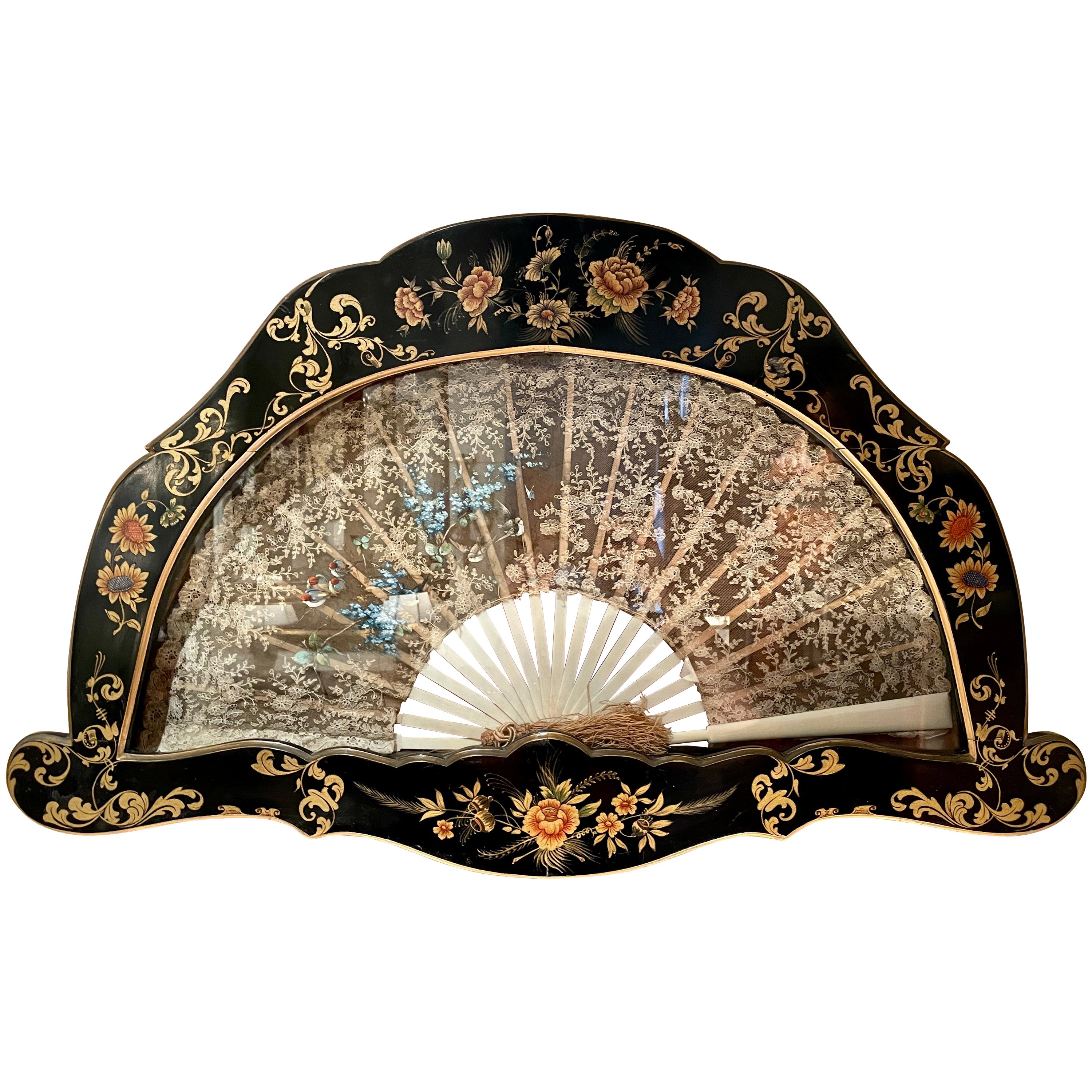 Antique 19th Century Chinoiserie Hand-Made Fan in a Lacquered Frame, circa 1870 For Sale