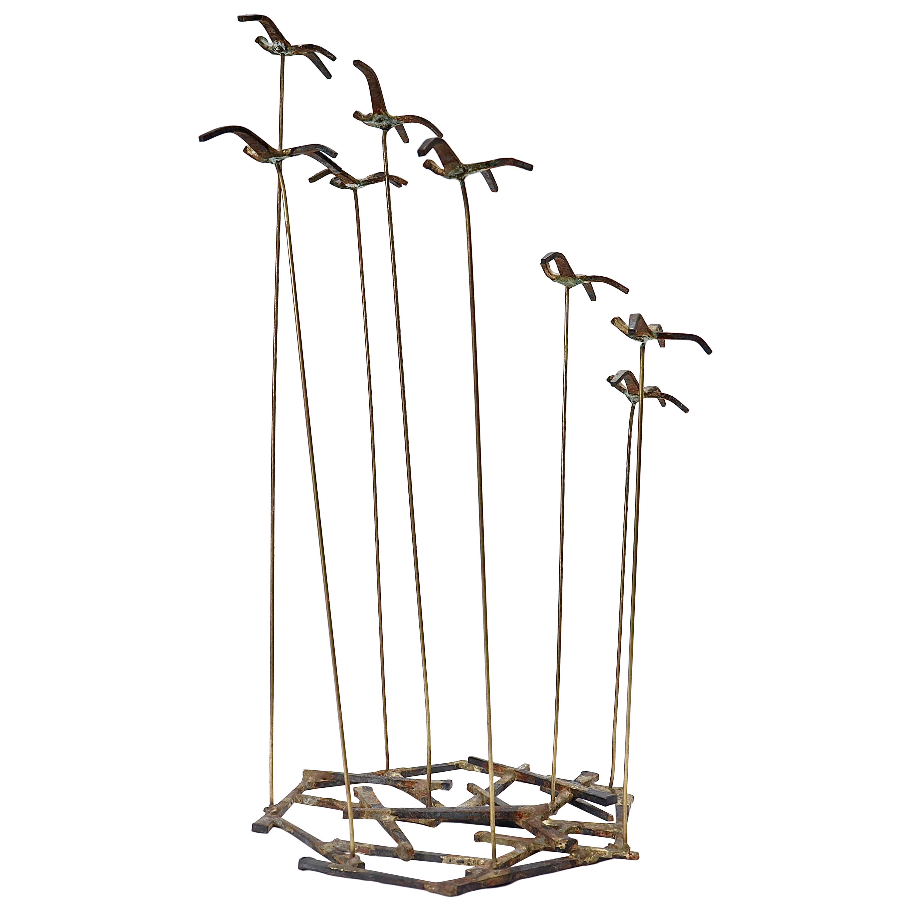 Vintage Mid-Century Modern Cut Square Nail Curtis Jere Style Birds Sculpture  For Sale