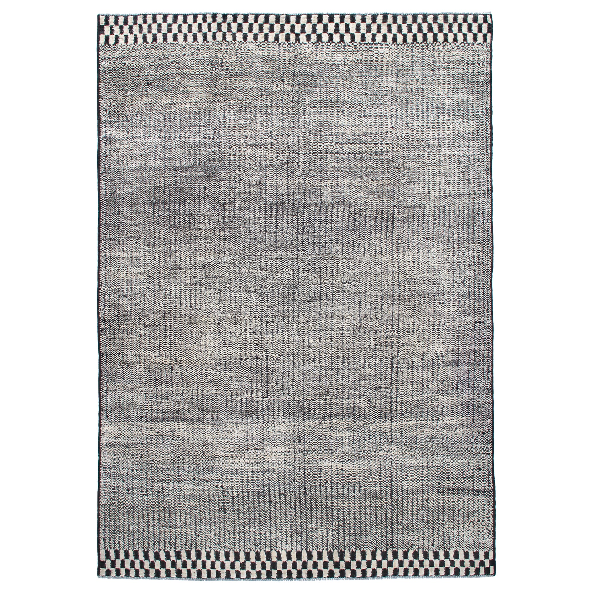 Modern Checkered and Geometric Black and White Wool and Cotton Rug For Sale