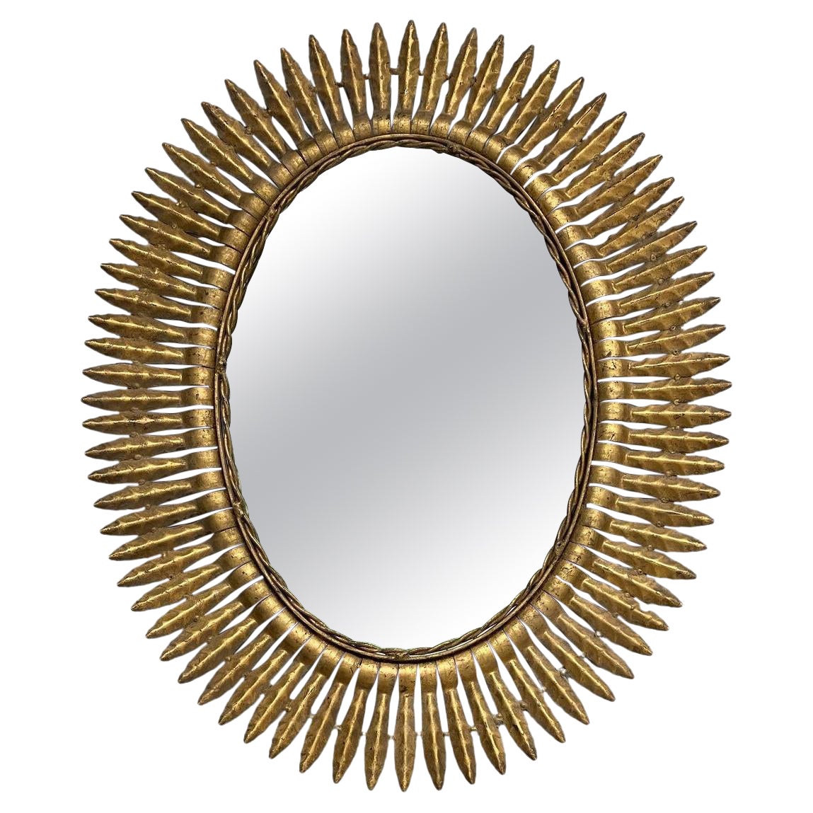 Large Spanish Gilt Metal Sunburst Mirror with Radiating Frame