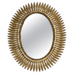 Grand miroir espagnol en métal doré avec cadre rayonnant Sunburst