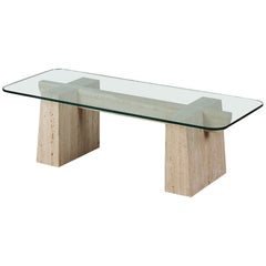 Postmodern Travertine Coffee Table with Glass Top