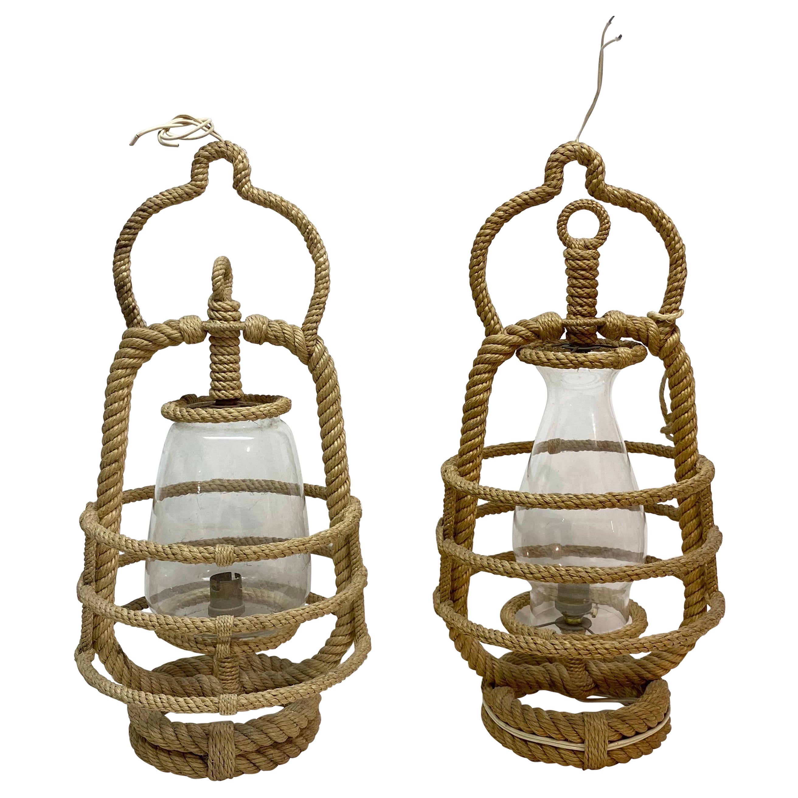 Near Pair of Audoux Minet Rope Pendant Lamps 