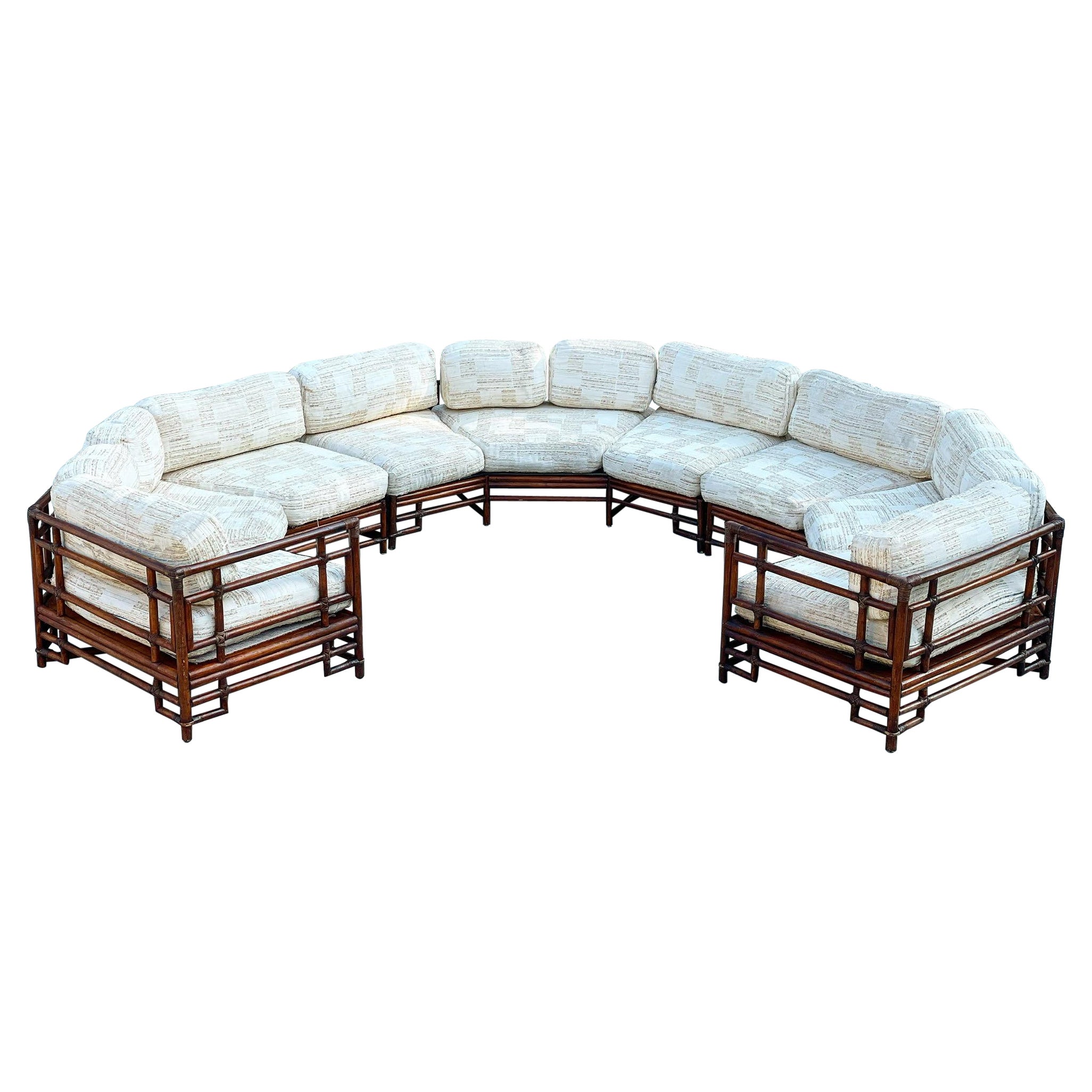 Midcentury Ficks Reed Rattan Semi Circular Sofa, Large Circle Sectional