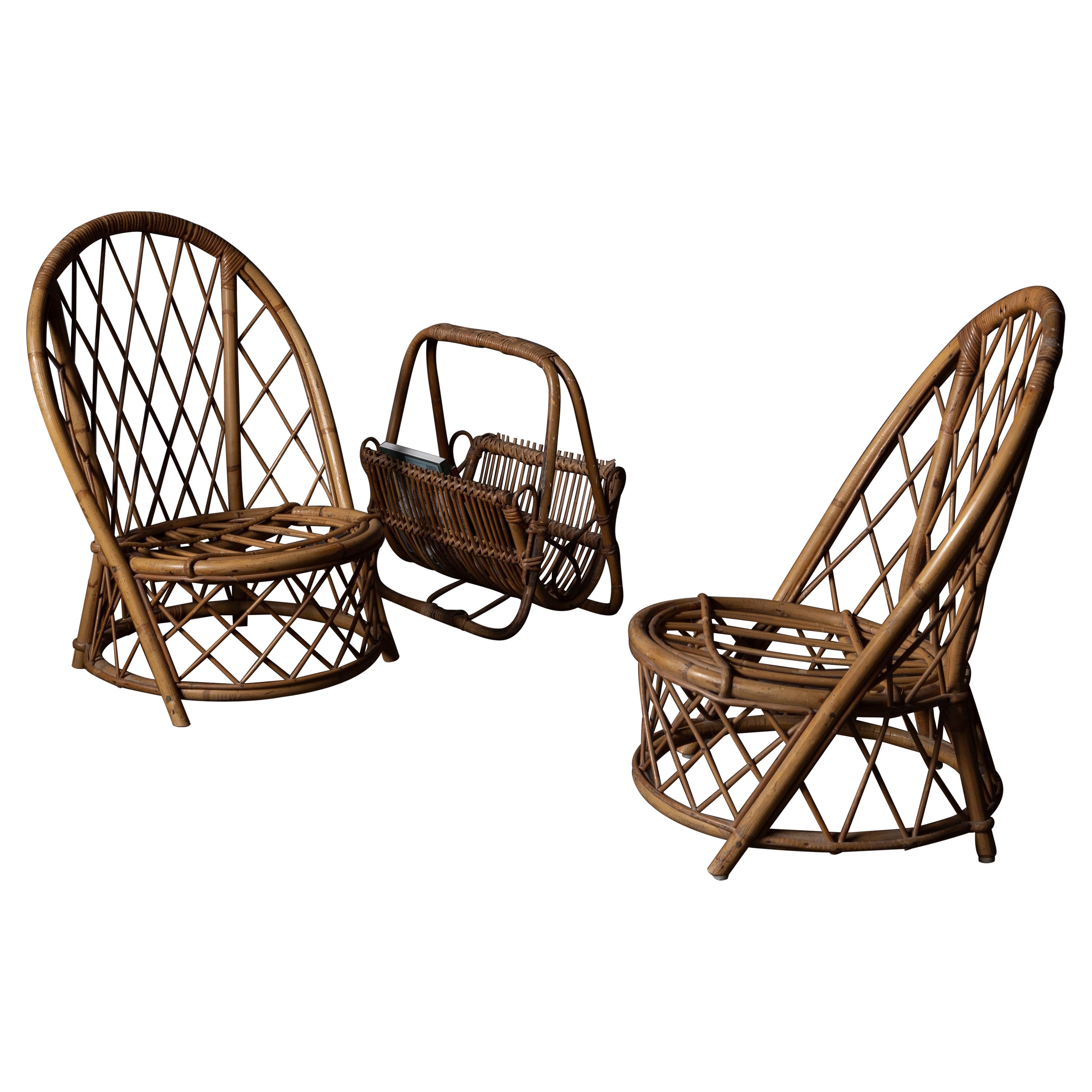 Set of Two Rattan Low Chairs and a Magazine Rack, Audoux Minet, 1960s, France