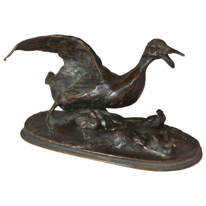 Bastón de bronce animal con sus 6 patitos de Pj Mêne, Siglo XIX