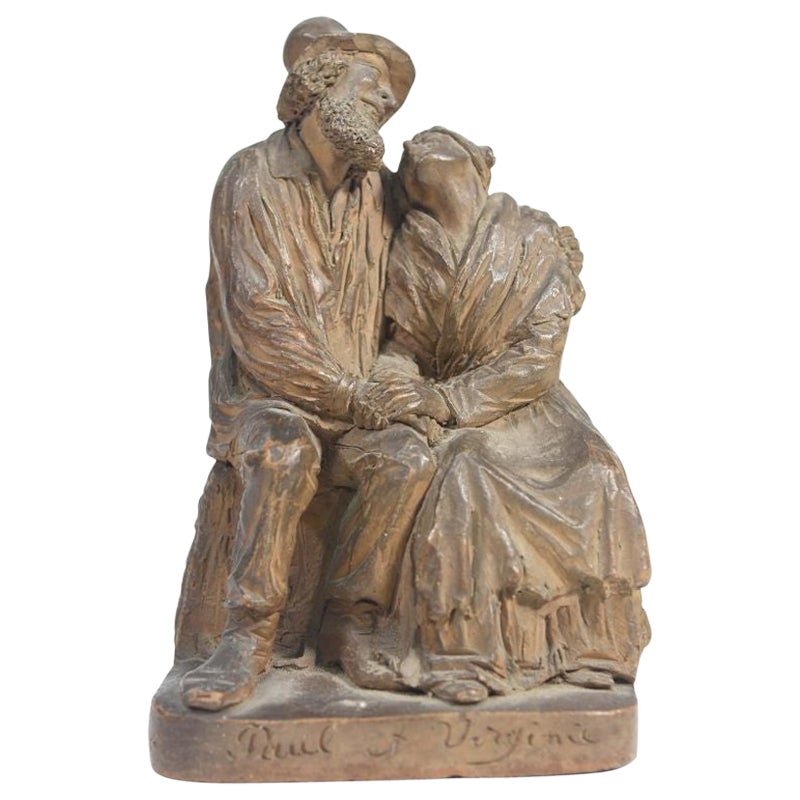 Sculpture en terre cuite représentant Paul et Virginie 19ème siècle en vente