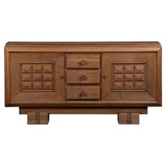 Antique Brutalist Solid Oak Sideboard, Dudouyt, France, 1940s