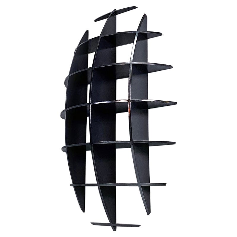 Italian Modern Black Wood Convex Shape Wall Bookcase Joe Colombo Style, 1980s