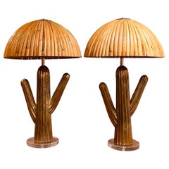 Paire de lampes italiennes en laiton et bambou en forme de cactus