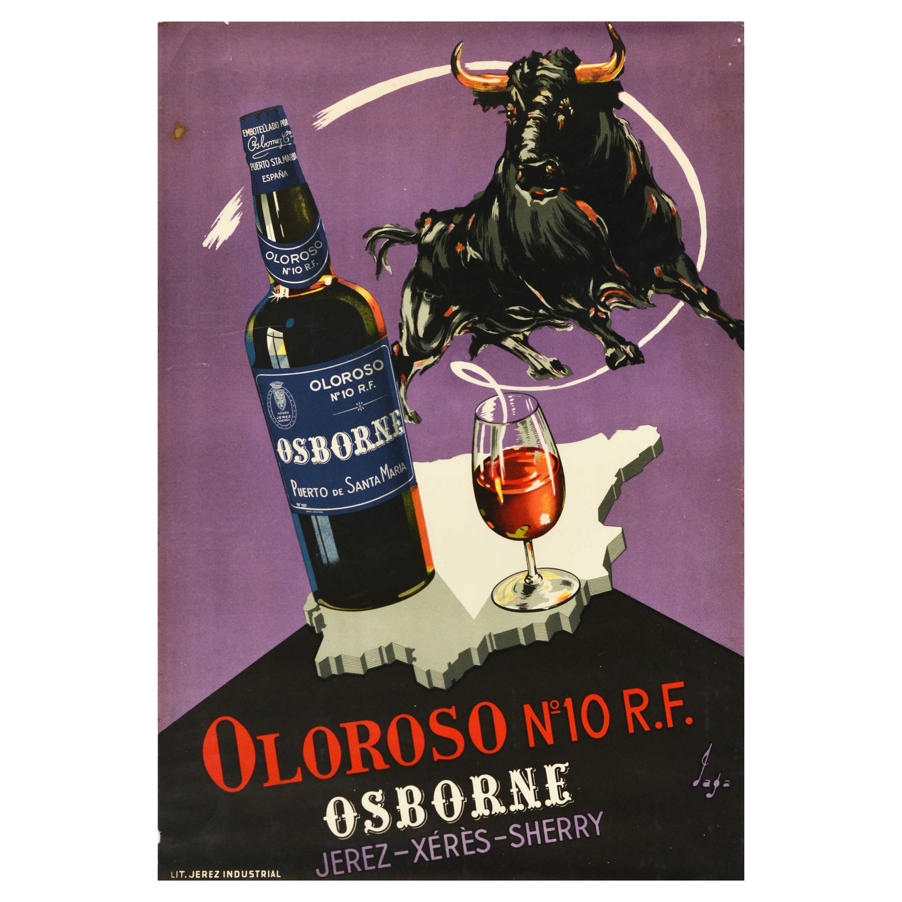 Affiche rétro originale pour la boisson Oloroso n°10, R.F. Carte de l'Osborne Sherry avec motif de taureau