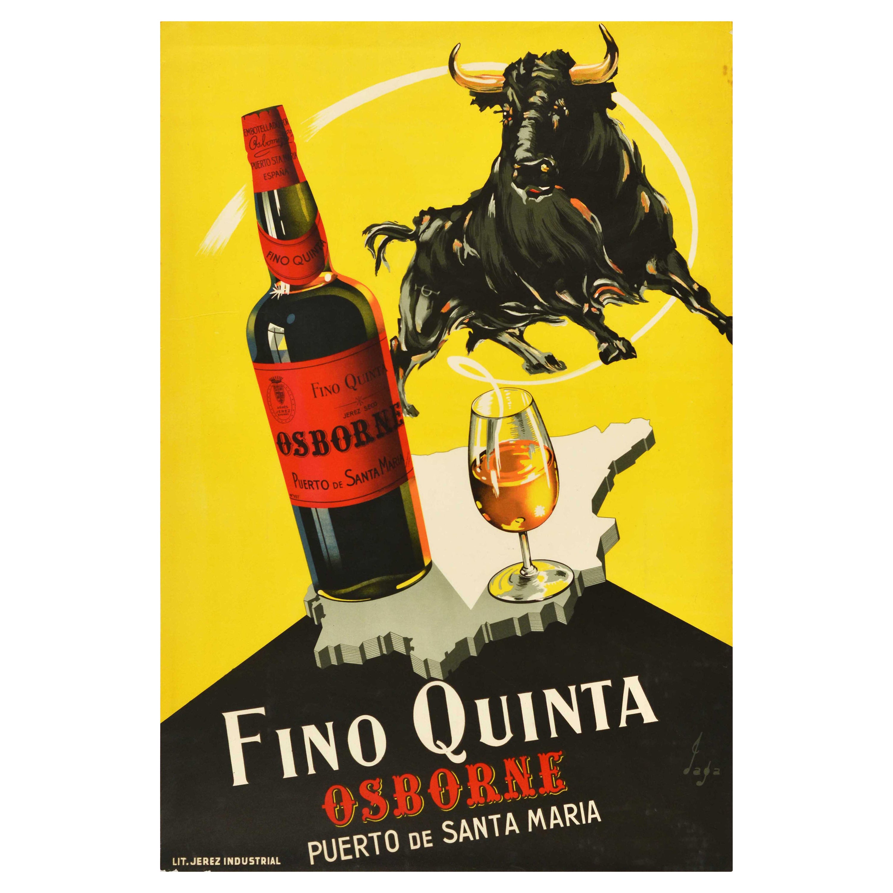 Original Vintage Drink Poster Fino Quinta Osborne Sherry Spain Map Bull Design For Sale