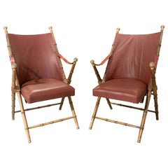 Pair of Folding Chairs in Bamboo Imitation Wood and Bronze Decorations
