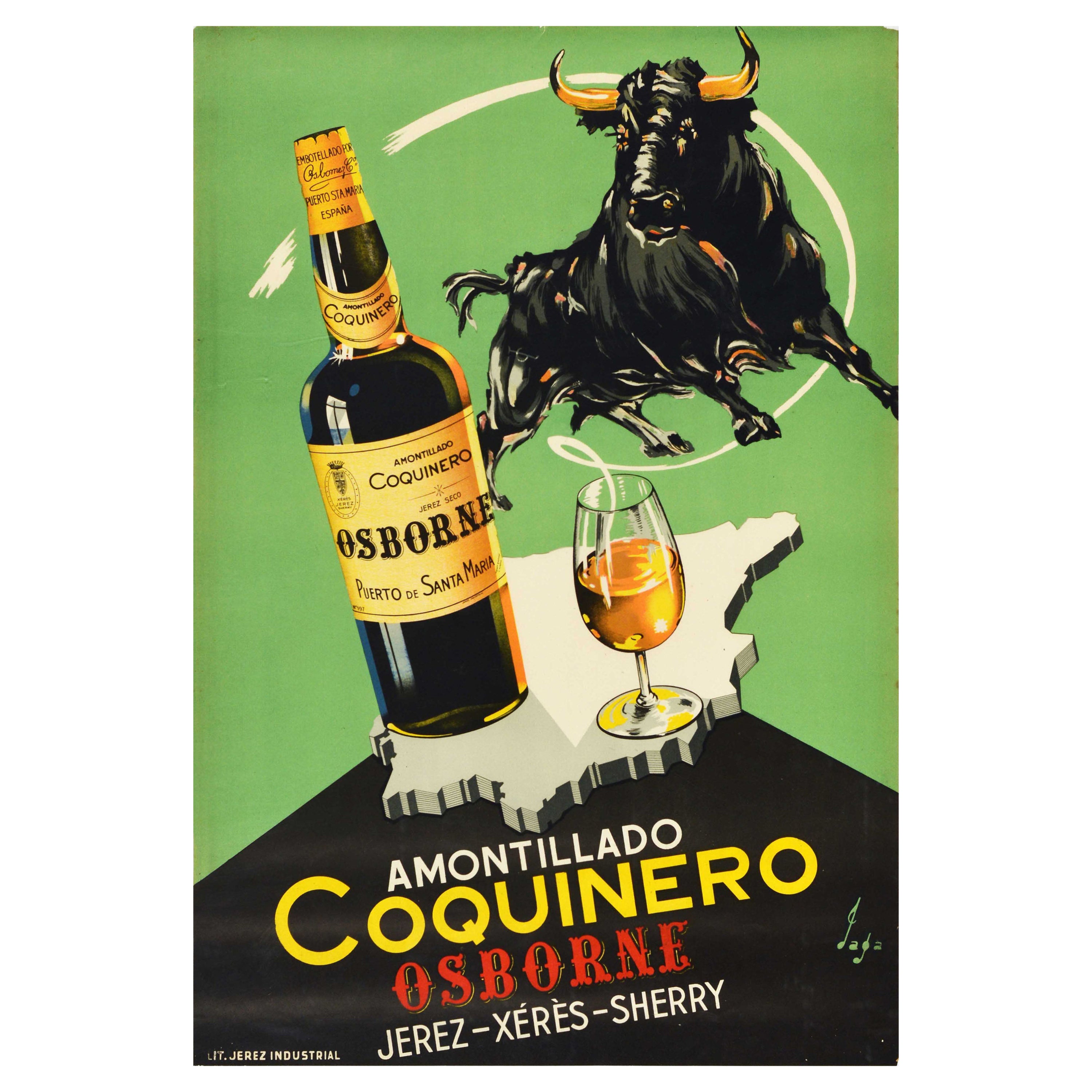 Original Vintage Drink Poster Amontillado Coquinero Osborne Sherry Map Bull Art