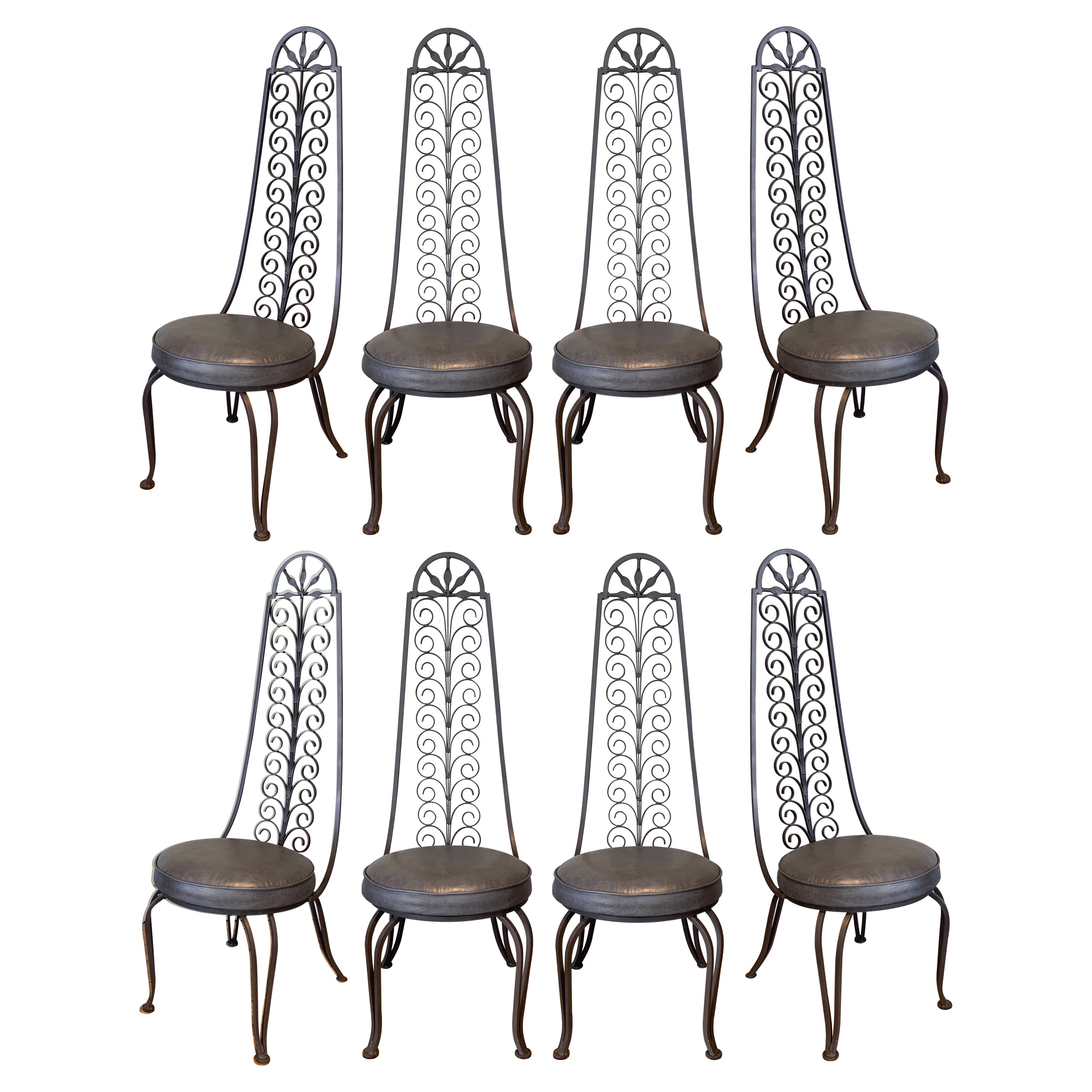 Set of Eight Wrought Iron High Back Dining Chairs