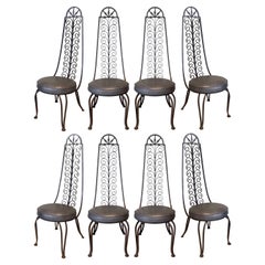 Set of Eight Wrought Iron High Back Dining Chairs