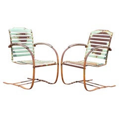 Antique Art Deco Green Distress Paint Steel Metal Outdoor Lounge Chair, a Pair