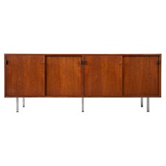 Florence Knoll Credenza in Teak and Oak with Chrome Legs and Leather Pulls