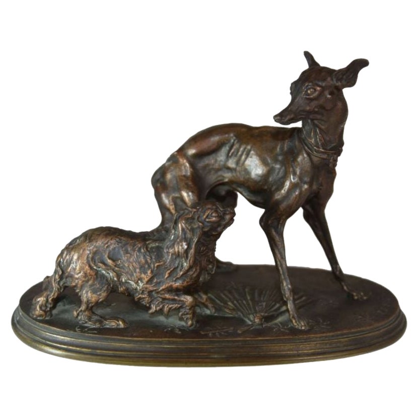 Bronze animalier avec lévrier et lévrier pékinois par P. J Mne, XIXe siècle en vente