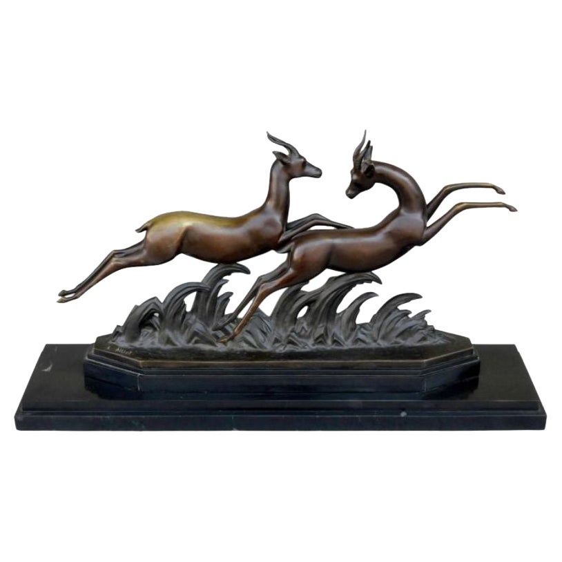 Bronze Art Deco 1930 Black Marble Base with Gazelles by Alliot