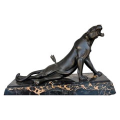Black Patina Bronze Sculpture the Injured Panther Signed Carvin