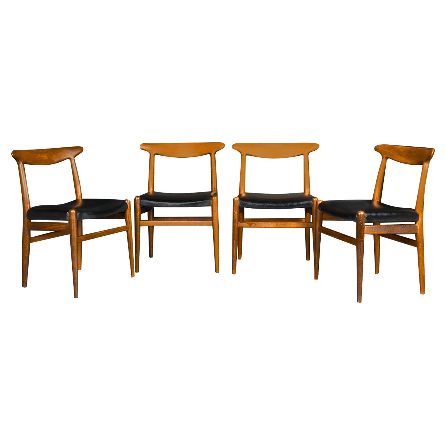Mid Century Danish Hans Wegner W2 Teak Chairs Four For Sale