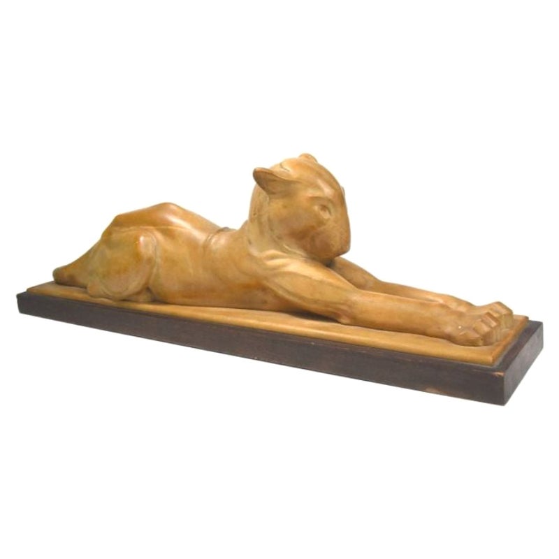 Wooden Sculpture of a Reclining Panther by Noël Ange Martini Art Deco Period For Sale